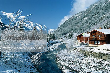 River running past chalets in the Les Grands Montets area, near Chamonix and Argentiere, Rhone Alpes, France, Europe