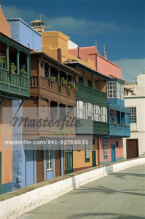 Painted houses with overhanging wooden balconies in Santa Cruz de la Palma, on La Palma, Canary Islands, Spain, Europe