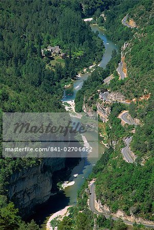 Aerial view of the Gorges du Tarn from Roc des Hourtous, in Lozere, Languedoc Roussillon, France, Europe