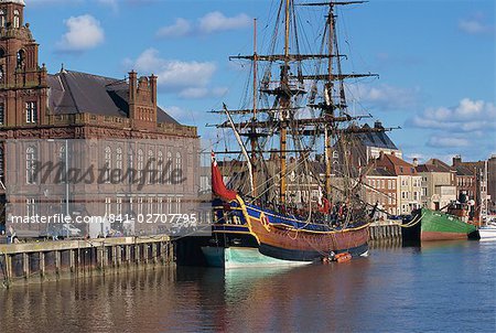 Captain Cook's ship moored on the quay in the harbour at Great Yarmouth, Norfolk, England, United Kingdom, Europe