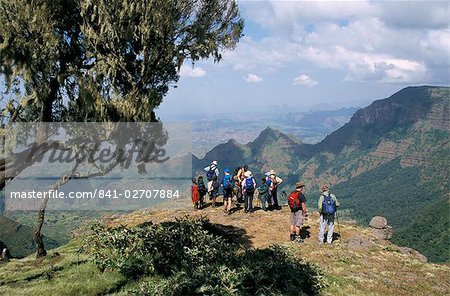 Tourists trekking, Simien Mountains National Park, UNESCO World Heritage Site, Ethiopia, Africa