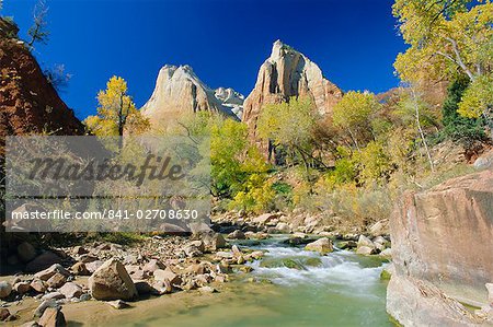 Peaks of Abraham and Isaac tower above the Virgin River, Court of the Patriarchs, Zion National Park, Utah, United States of America