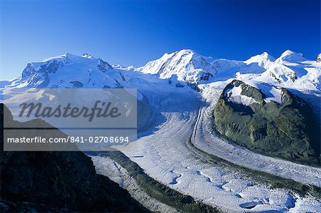 View to Monte Rosa, Liskamm and the Gorner Glacier, Gomergrat, Zermatt, Valais (Wallis), Swiss Alps, Switzerland, Europe