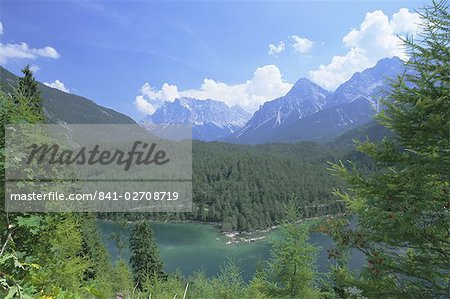 View to the Zugspitze across the Fernsteinsee, Tirol (Tyrol), Austria, Europe