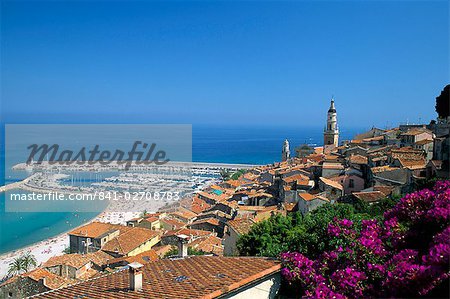 View across old town rooftops to harbour, Menton, Alpes-Maritimes, Cote d'Azur, Provence, French Riviera, France, Mediterranean, Europe