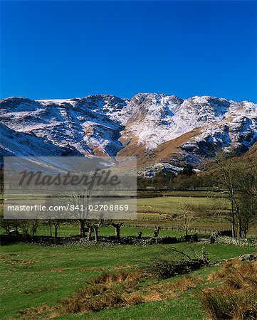 View along valley to Crinkle Crags in winter, Great Langdale, Lake District National Park, Cumbria, England, United Kingdom (U.K.), Europe