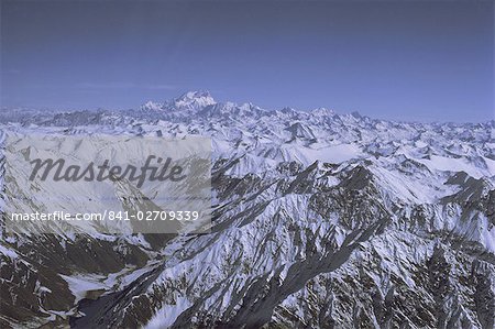 Aerial view of Himalaya mountain range, with Nanga Parbat, 8125m, seen from south west, rising above other mountains, Pakistan, Asia