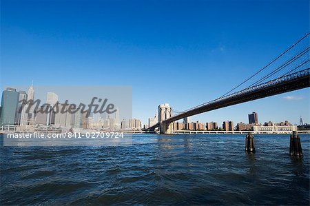 Manhattan skyline, Brooklyn Bridge and the East River from the Fulton Ferry Landing, Brooklyn, New York City, New York, United States of America, North America