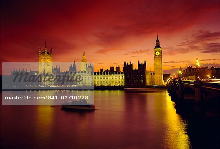 The River Thames and Houses of Parliament at night, London, England, UK