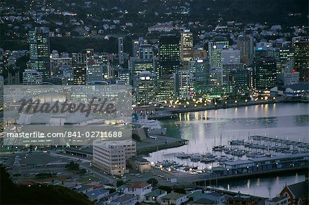 Te Papa Museum Marina and city lights in the evening, Wellington, North Island, New Zealand, Pacific