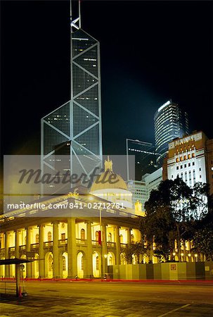 The Bank of China Building and the Old Supreme Court Building by night, Hong Kong, China, Asia