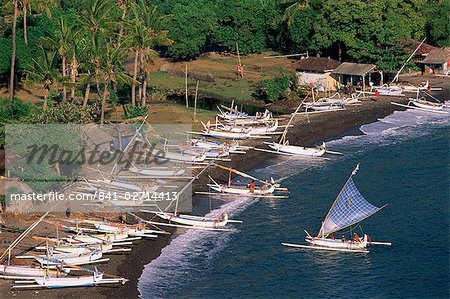Outrigger canoes on Amed beach, Bali, Indonesia, Asia