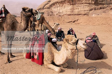 Group of Bedouin and camels, Wadi Rum, Jordan, Middle East