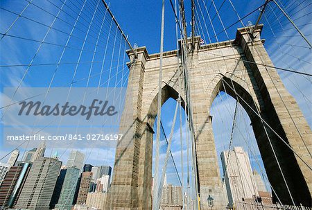 Brooklyn Bridge and skyline, New York City, New York, United States of America, North America