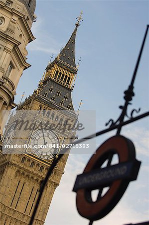 Underground station sign and Big Ben, Westminster, London, England, United Kingdom, Europe