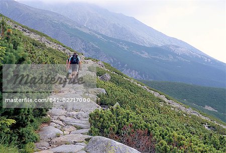 Hikers walking along Tatranska magistrala trail in Vysoke Tatry mountains, Vysoke Tatry, Slovakia, Europe