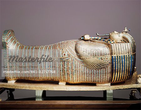 The second mummiform coffin made from gold-plated wood inlaid with glass-paste, from the tomb of the pharaoah Tutankhamun, discovered in the Valley of the Kings, Thebes, Egypt, North Africa, Africa