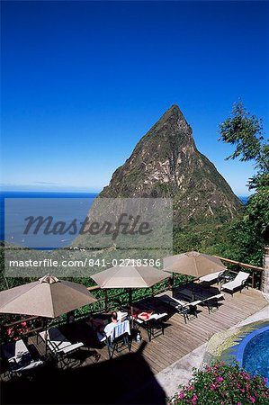 The pool area at the Ladera resort overlooking the Pitons, St. Lucia, Windward Islands, West Indies, Caribbean, Central America