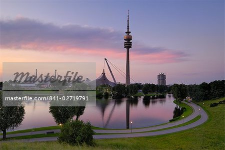 Olympiapark and Olympiaturm (TV tower) at dusk, Munich (Munchen), Bavaria, Germany, Europe