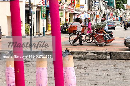 Trishaw and incense, Georgetown, Penang, Malaysia, Southeast Asia, Asia