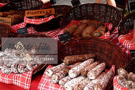 Sausages on a market stall, La Flotte, Ile de Re, Charente-Maritime, France, Europe