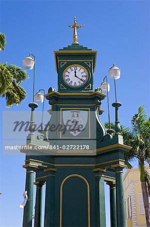 Clock Tower in the centre of capital, Piccadilly Circus, Basseterre, St. Kitts, Leeward Islands, West Indies, Caribbean, Central America