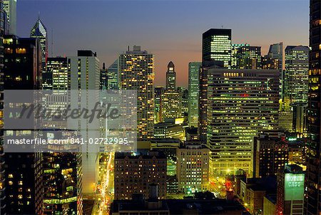 Looking south down Rush and Wabash Streets in the Near North of downtown Chicago, Illinois, United States of America