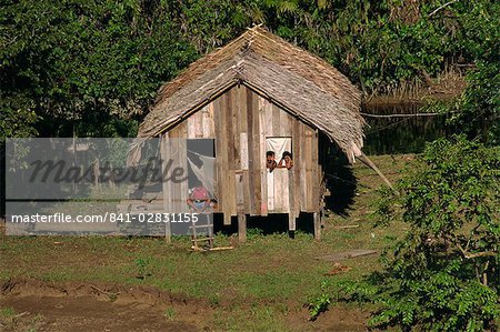 People waving from their thatched palm house on the waters edge, Caboclos, in the Breves Narrows in the Amazon area of Brazil, South America