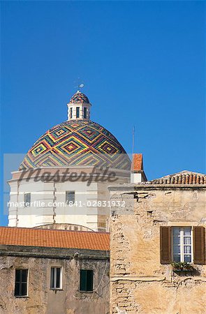 Majolica tiled cupola of Jesuit church of San Michele dating from the 17th century, Old Town, Alghero, Nurra province, Sardinia, Italy, Europe