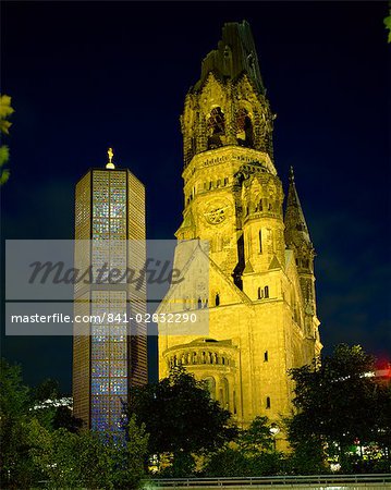 The Remembrance Church and the Kaiser Wilhelm Memorial Church, illuminated at night, Kurfurstendam, Berlin, Germany, Europe
