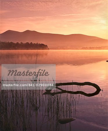 Mist rising on Derwent Water at dawn, Lake District National Park, Cumbria, England, United Kingdom, Europe