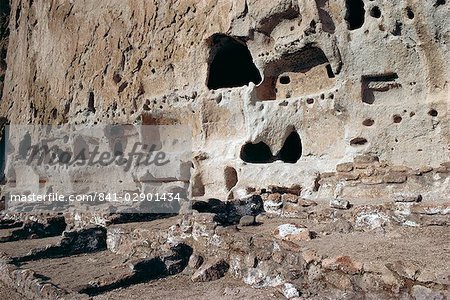 Indian Long House ruin, late Pueblo culture, masonry buildings joined rock dwellings, roof beam holes visible, Bandalier National Monument, New Mexico, United States of America (U.S.A.), North America