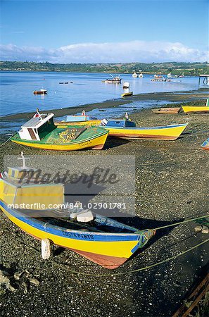 Fishing boats on the beach, zone of Dalcahue, near Castro, Chiloe island, Chile, South America