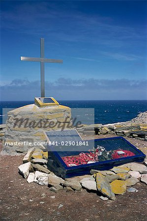 Memorial to the HMS Sheffield hit offshore by Exocet missile in May 1982, Sea Lion Island, Falkland Islands, South America