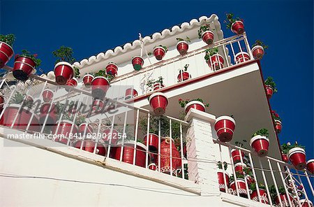 House with many geranium pots, Mijas, Andalucia, Spain, Europe