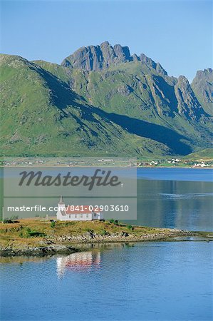 Red church on Austnesfjord, Lofoten Islands, Nordland, Norway, Scandinavia, Europe