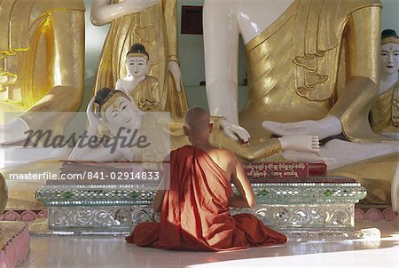 Buddhist monk worshipping at Shwedagon Paya (Shwe Dagon pagoda), Yangon (Rangoon), Myanmar (Burma), Asia