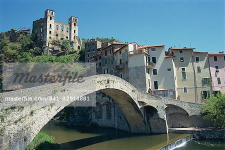 The 15th century Doria's castle and medieval bridge across the River Nervia, at Dolceacqua, in Liguria, Italy, Europe