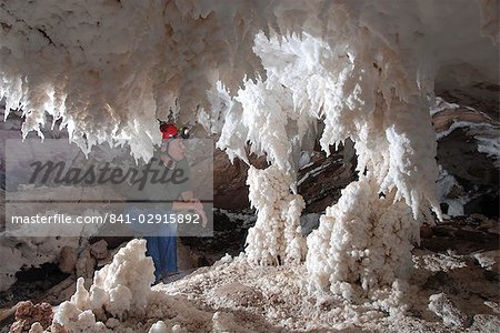 Salt stalactites and stalagmites, in cave in Namakdan salt dome, Qeshm Island, southern Iran, Middle East