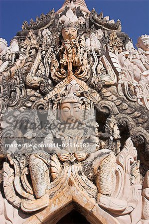 Carvings on an ancient stupa, Kakku Buddhist Ruins, said to contain over two thousand brick and laterite stupas, legend holds that the first stupas were erected in the 12th century by Alaungsithu, King of Bagan (Pagan), Shan State, Myanmar (Burma), Asia