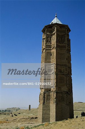 The minaret of Bahram Shah, one of two minarets built by Sultan Mas'ud III and Bahram Shah with square Kufic and Noshki script, that served as models for the minaret of Jam, and believed to have originally been part of mosques, Ghazni, Afghanistan, Asia