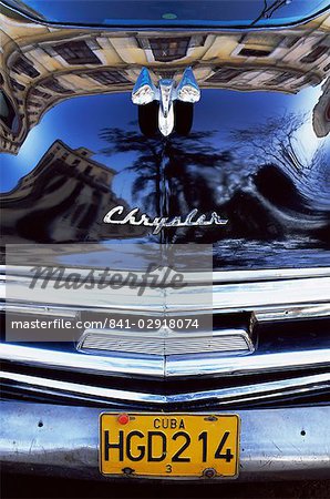Detail of classic black Chrysler car with reflections in paintwork, Havana, Cuba, West Indies, Central America