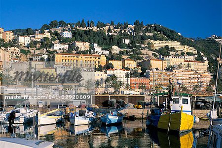 View across harbour to hillside, Menton, Alpes-Maritimes, Cote d'Azur, Provence, French Riviera, France, Mediterranean, Europe