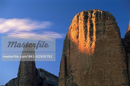 Sunset striking the top of one of the Mallos de Riglos, Riglos, Huesca, Aragon, Spain, Europe