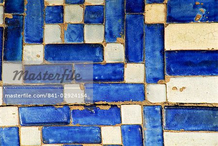 Architectural detail of typical blue and white tiles in Khiva, Uzbekistan, Central Asia, Asia