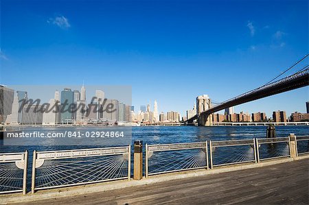 Brooklyn Bridge and Manhattan from Fulton Ferry Landing, Brooklyn, New York City, New York, United States of America, North America