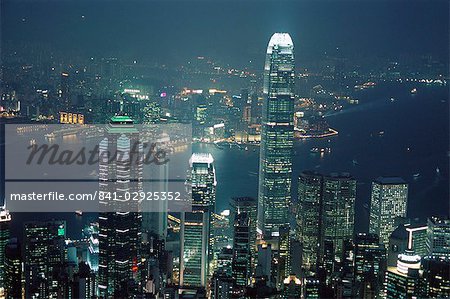 Two IFC Building on right and skyline at night, from Hong Kong Island, Hong Kong, China, Asia