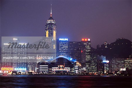 Convention and Exhibition Center, Central Plaza and skyline at night, Hong Kong, China, Asia