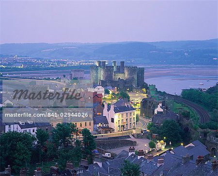 Aerial of Conway and castle, UNESCO World Heritage Site, Gwynedd, North Wales, United Kingdom, Europe