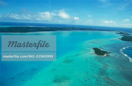 Aerial of atoll and reefs, Aitutaki, Cook Islands, Pacific Islands, Pacific